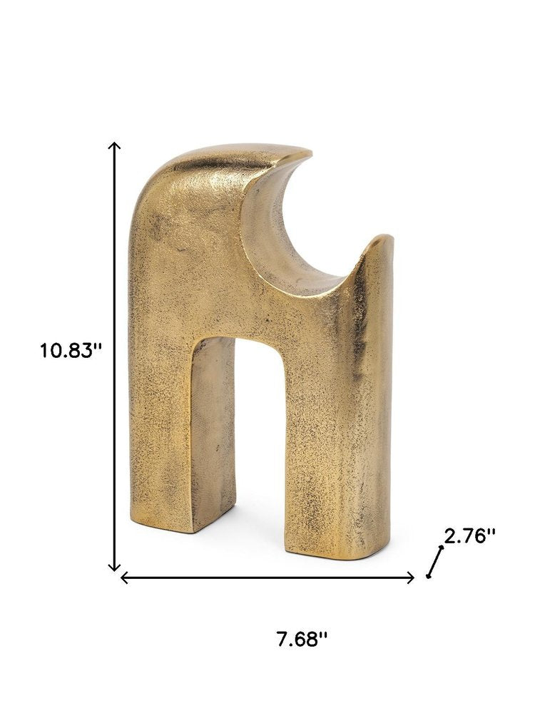 11" Antiqued Brass Aluminum Modern Abstract Tabletop Sculpture. Sculpture isolated on a plain white background, showing a metal surface.
