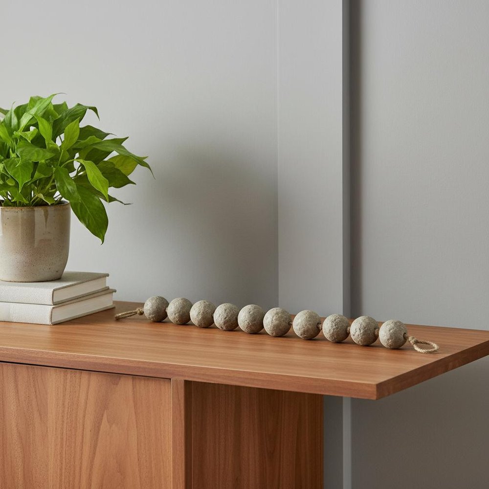 3" Beige Paper Sphere Tabletop Sculpture displayed on a dark wood tabletop in a furnished interior against a light gray wall.