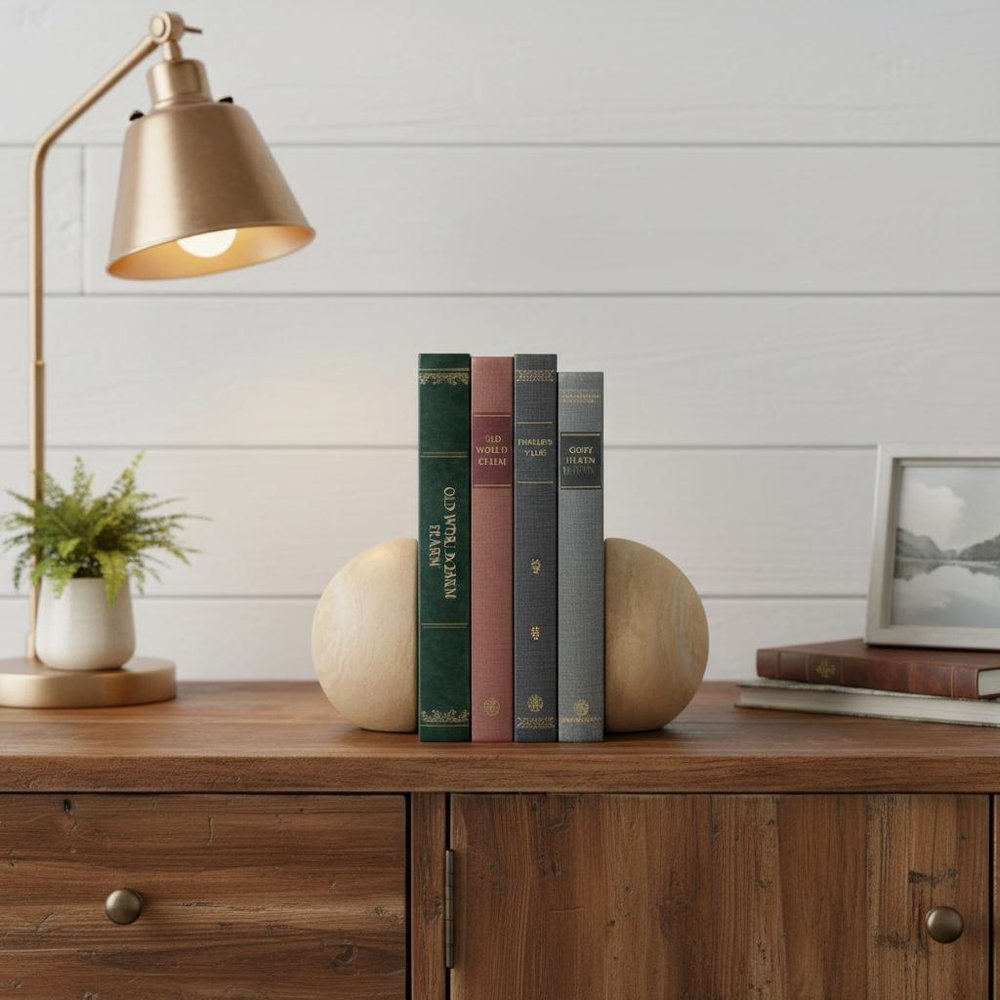 Set of Two Beige Stone Orb Decorative Bookends