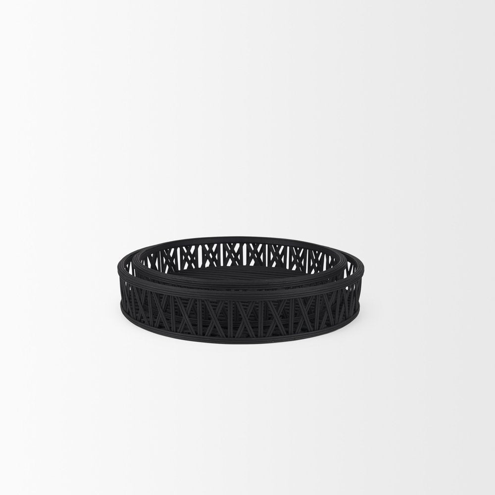 Set of Two Black Round Wicker Handmade Serving Trays on a white background