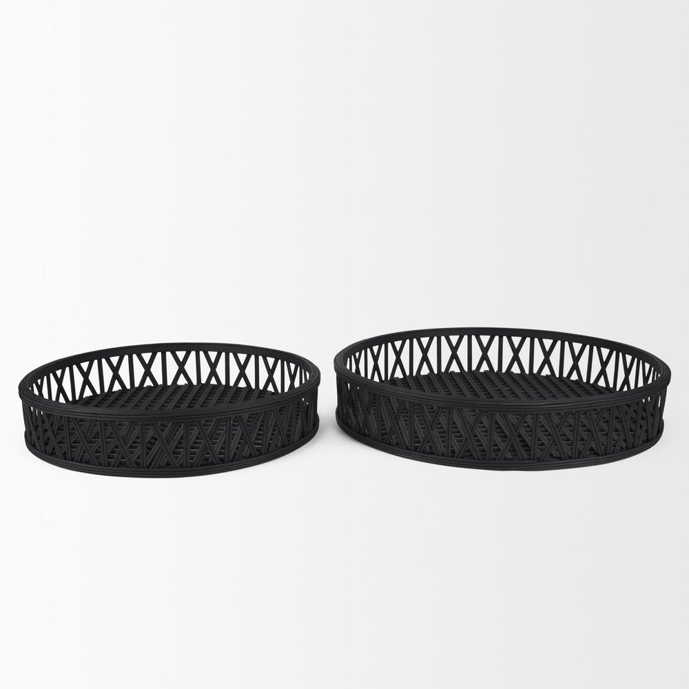 Set of Two Black Round Wicker Handmade Serving Trays on a white background