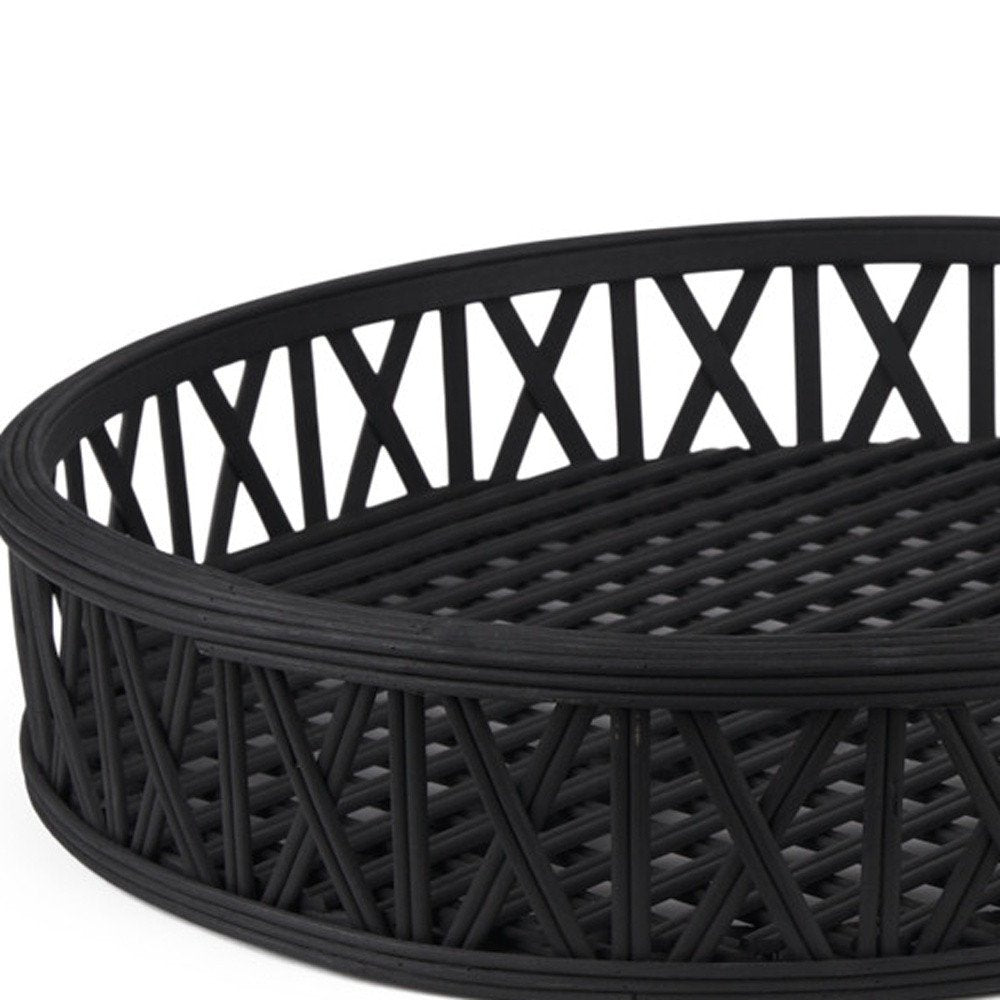 Set of Two Black Round Wicker Handmade Serving Trays