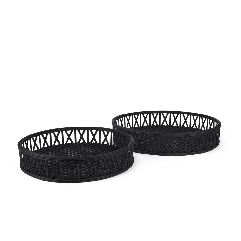 Set of Two Black Round Wicker Handmade Serving Trays