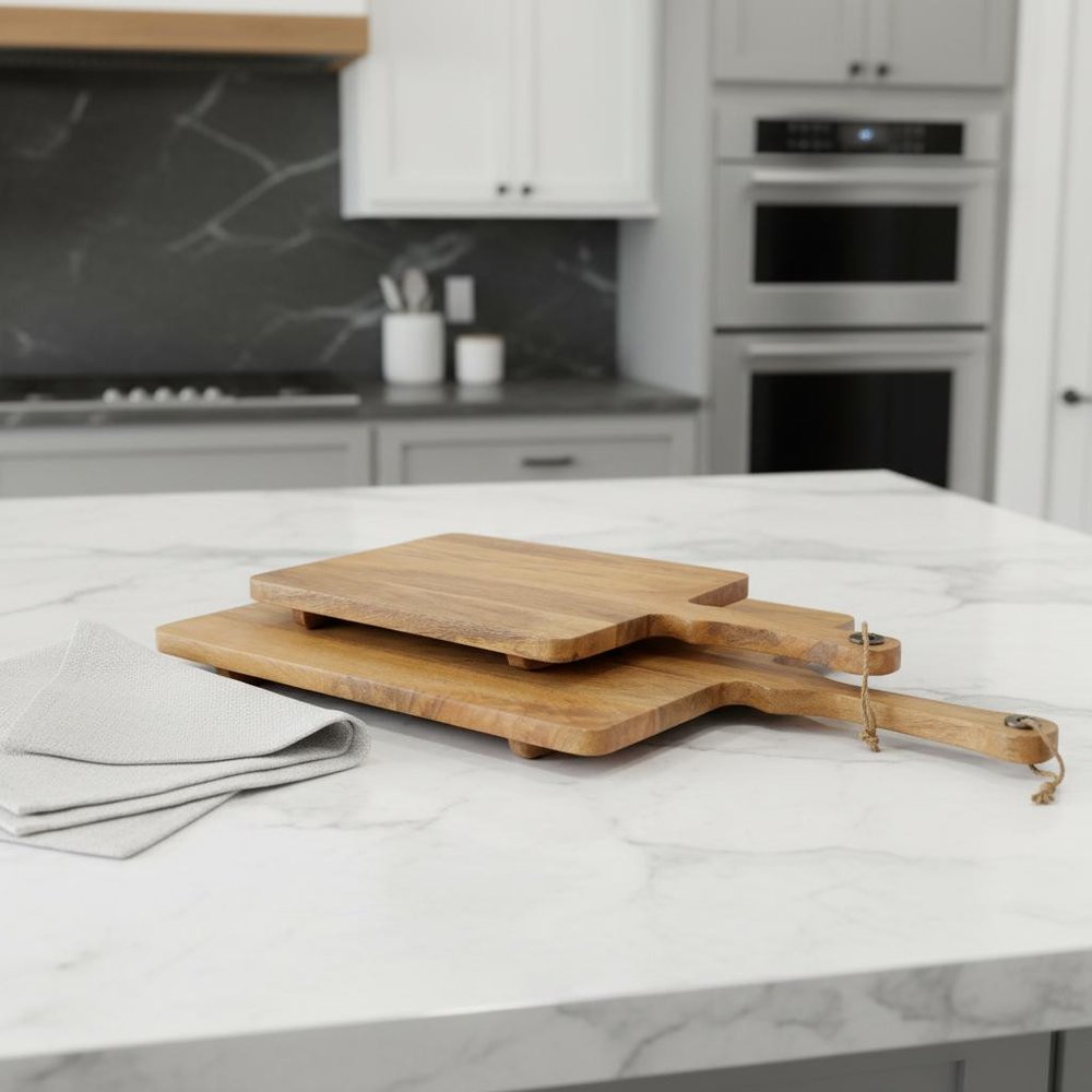 Set of Two Natural Solid Wood Handmade Serve Boards With Handles in a home interior