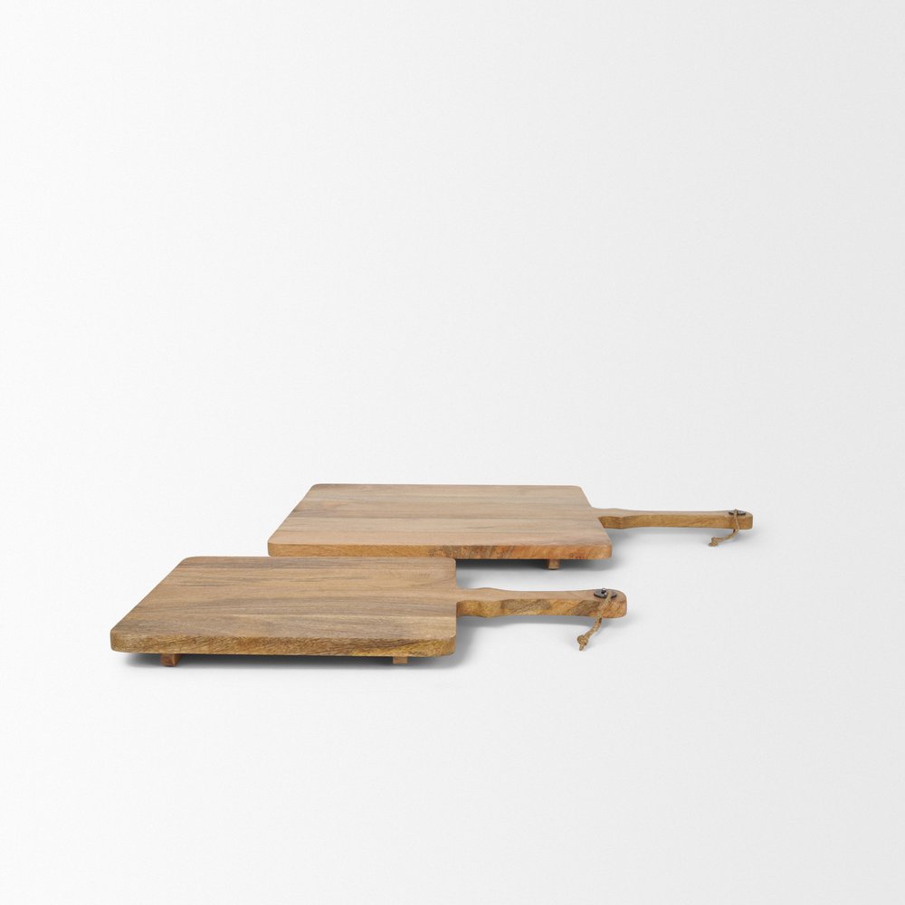 Set of Two Natural Solid Wood Handmade Serve Boards With Handles on a white background