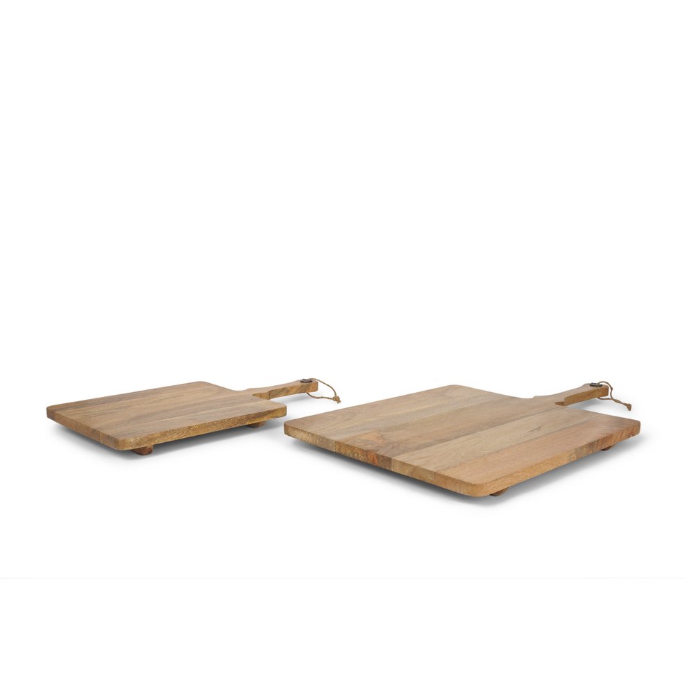 Set of Two Natural Solid Wood Handmade Serve Boards With Handles on a white background