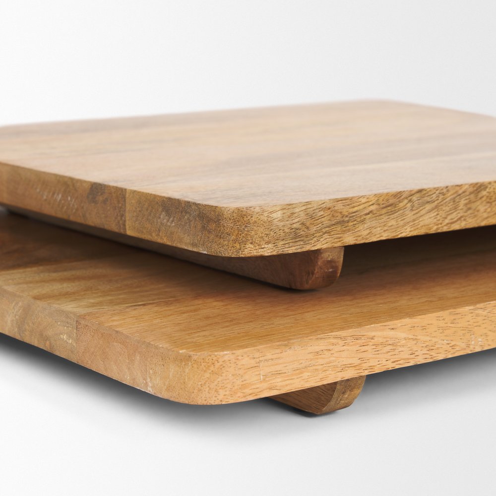 Set of Two Natural Solid Wood Handmade Serve Boards With Handles on a white background