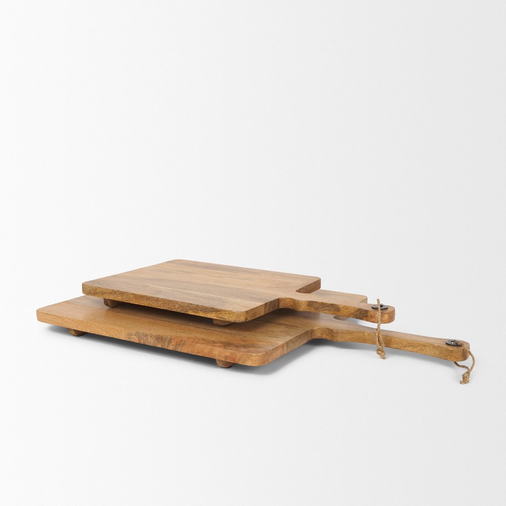 Set of Two Natural Solid Wood Handmade Serve Boards With Handles on a white background