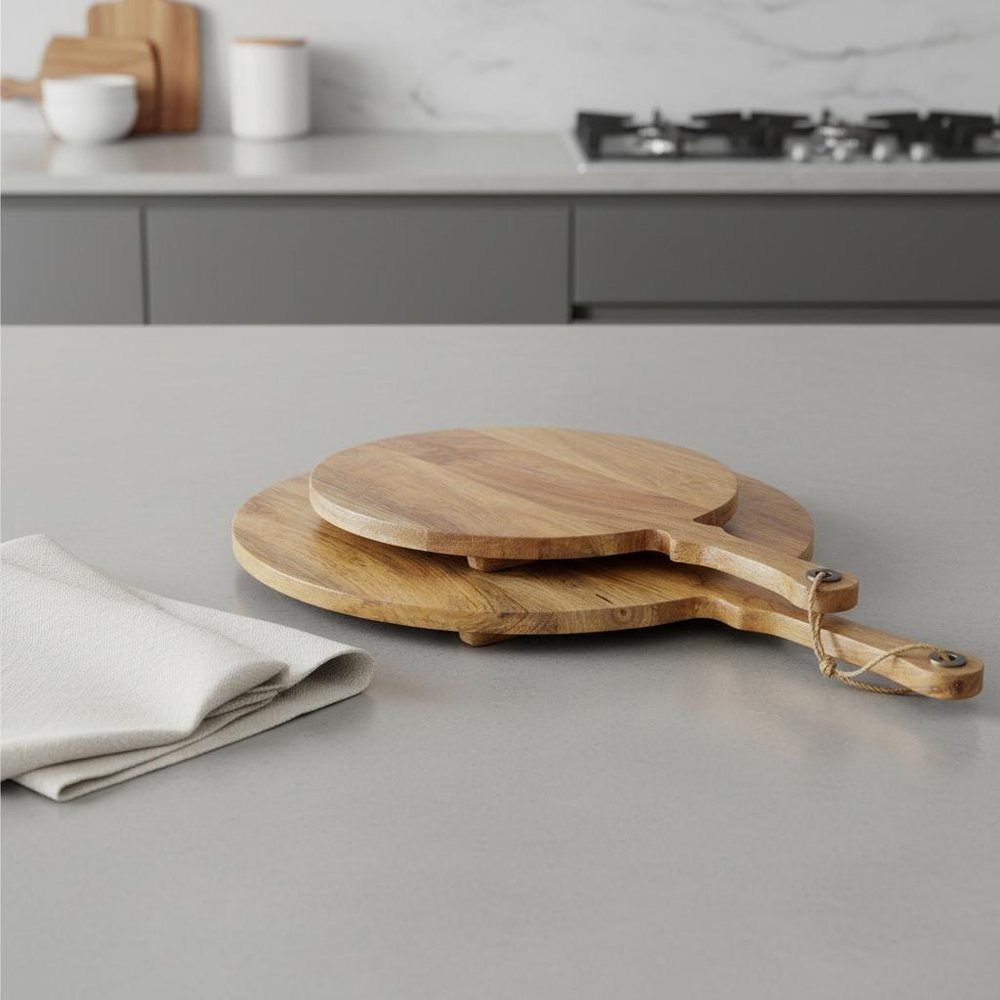 Set of Two Natural Solid Wood Handmade Round Serve Boards With Handles on a white background