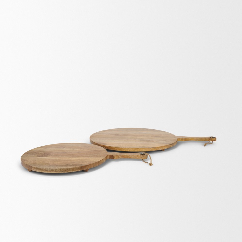 Set of Two Natural Solid Wood Handmade Round Serve Boards With Handles on a white background