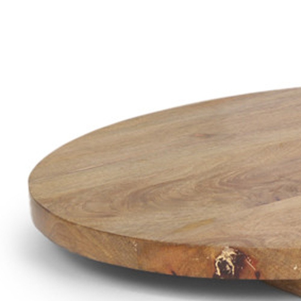 Close-up of a natural solid wood round serve board with visible grain and a rough edge, on a white background.