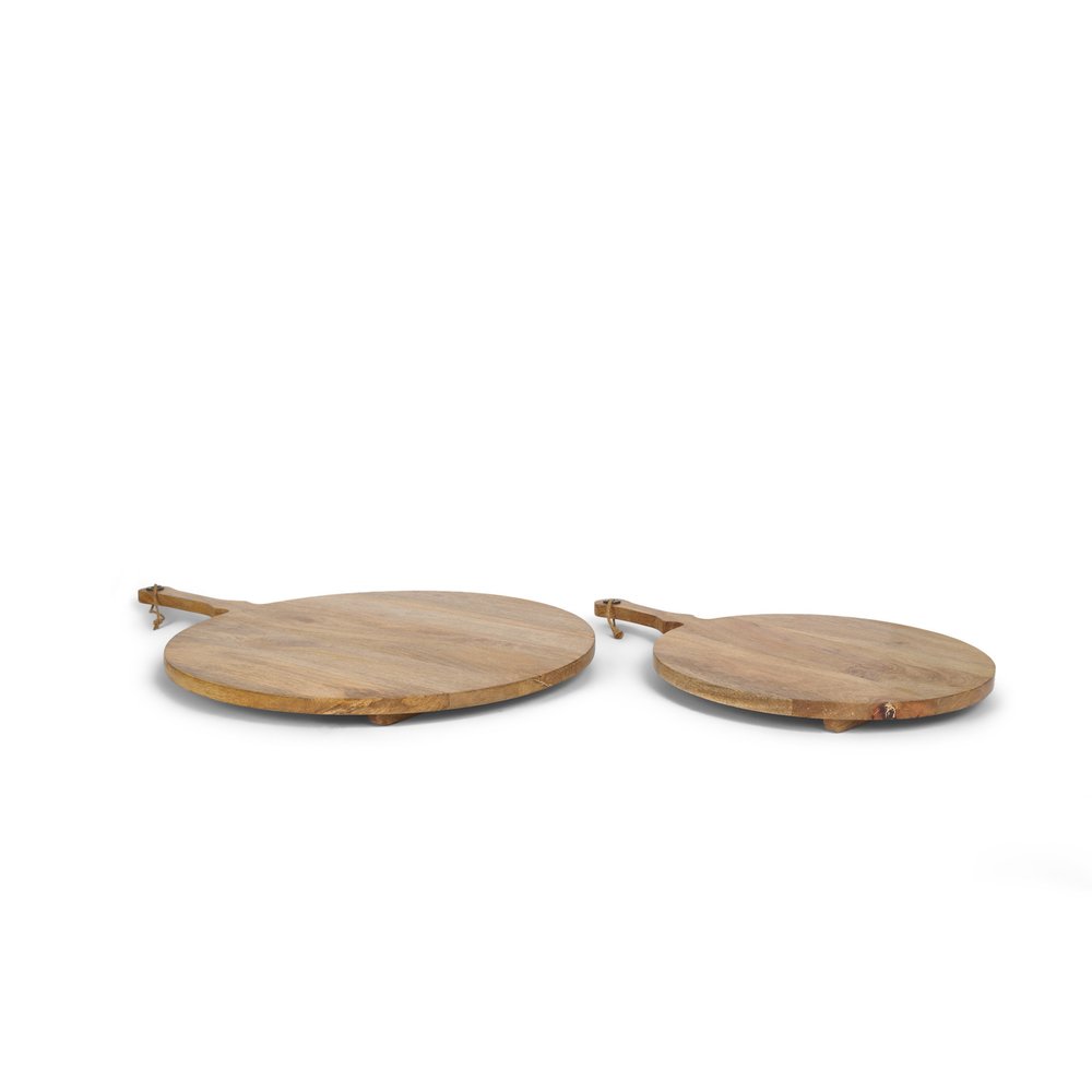 Set of Two Natural Solid Wood Handmade Round Serve Boards With Handles on a white background