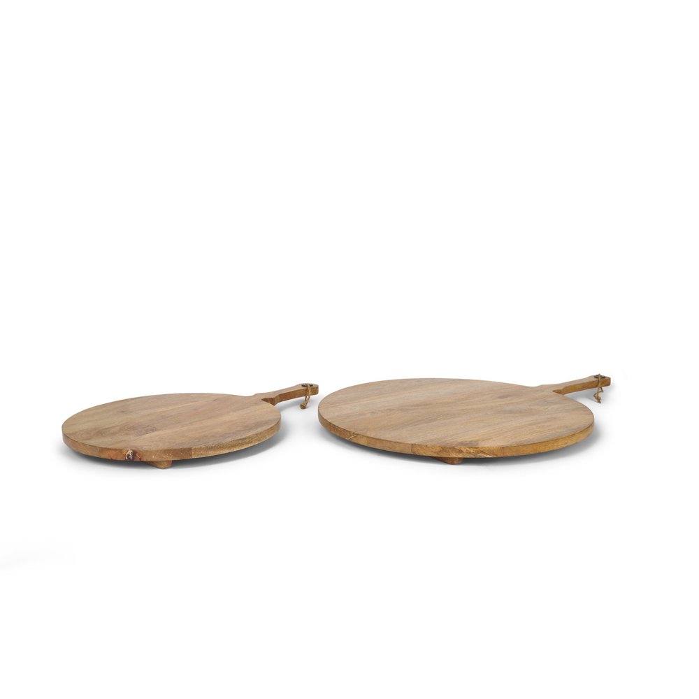 Set of Two Natural Solid Wood Handmade Round Serve Boards With Handles on a white background