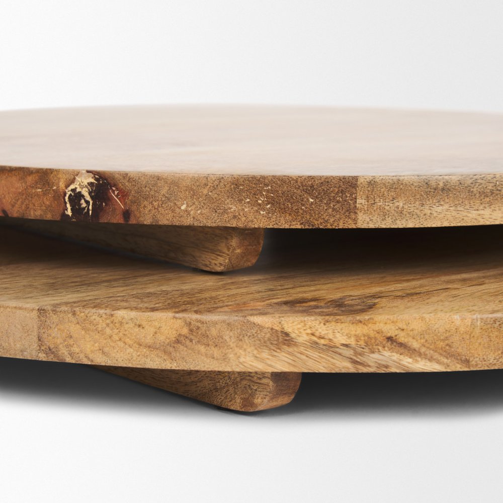 Set of Two Natural Solid Wood Handmade Round Serve Boards With Handles on a white background