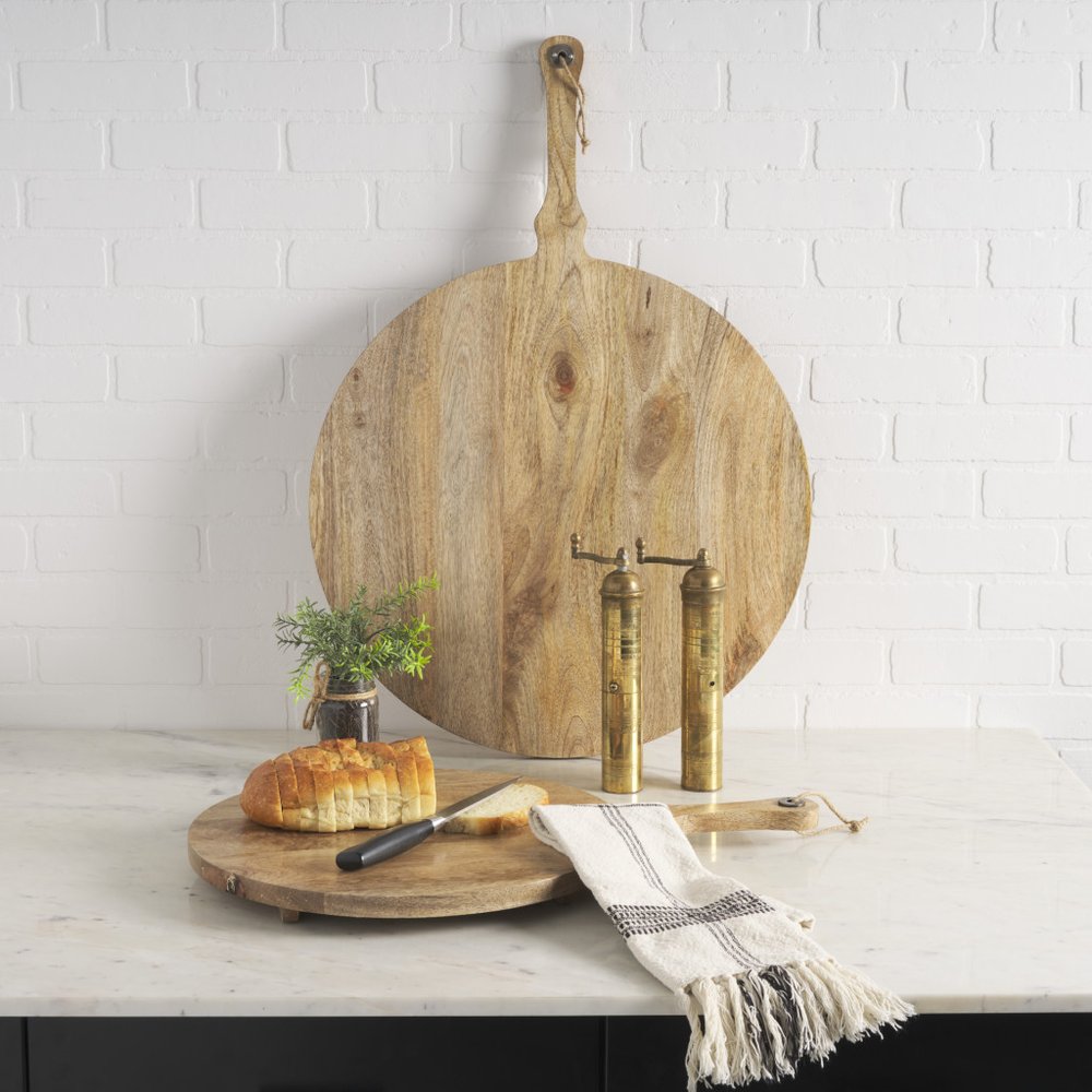Set of Two Natural Solid Wood Handmade Round Serve Boards With Handles