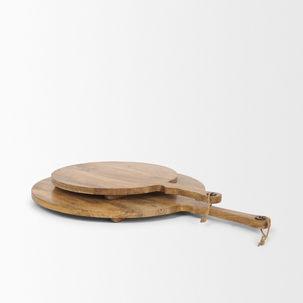 Set of Two Natural Solid Wood Handmade Round Serve Boards With Handles on a white background