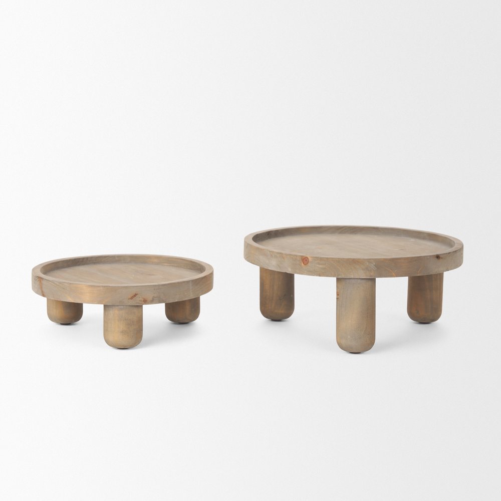 Set of Two Gray And Natural Solid Wood Handmade Round Risers on a white background