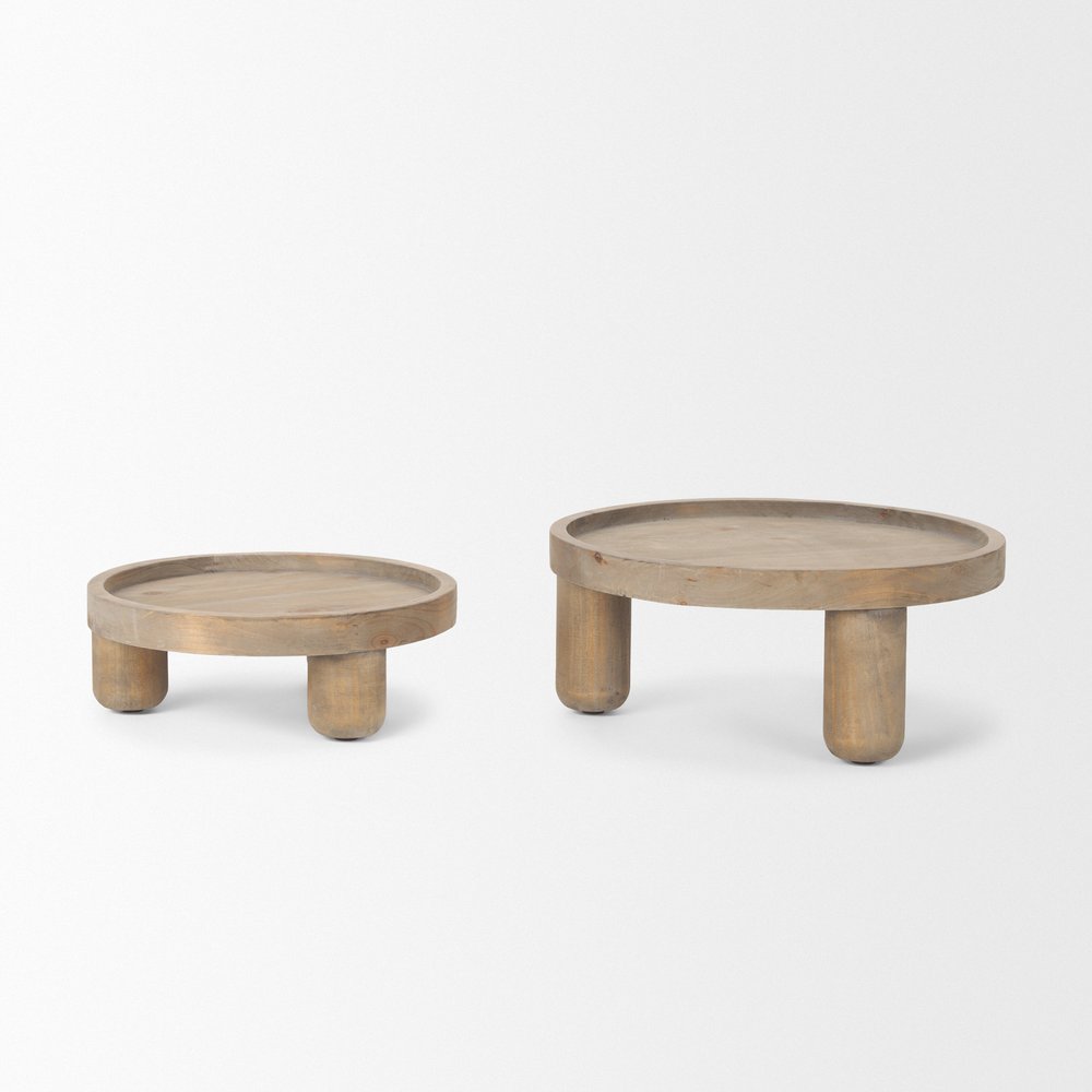 Set of Two Gray And Natural Solid Wood Handmade Round Risers on a white background