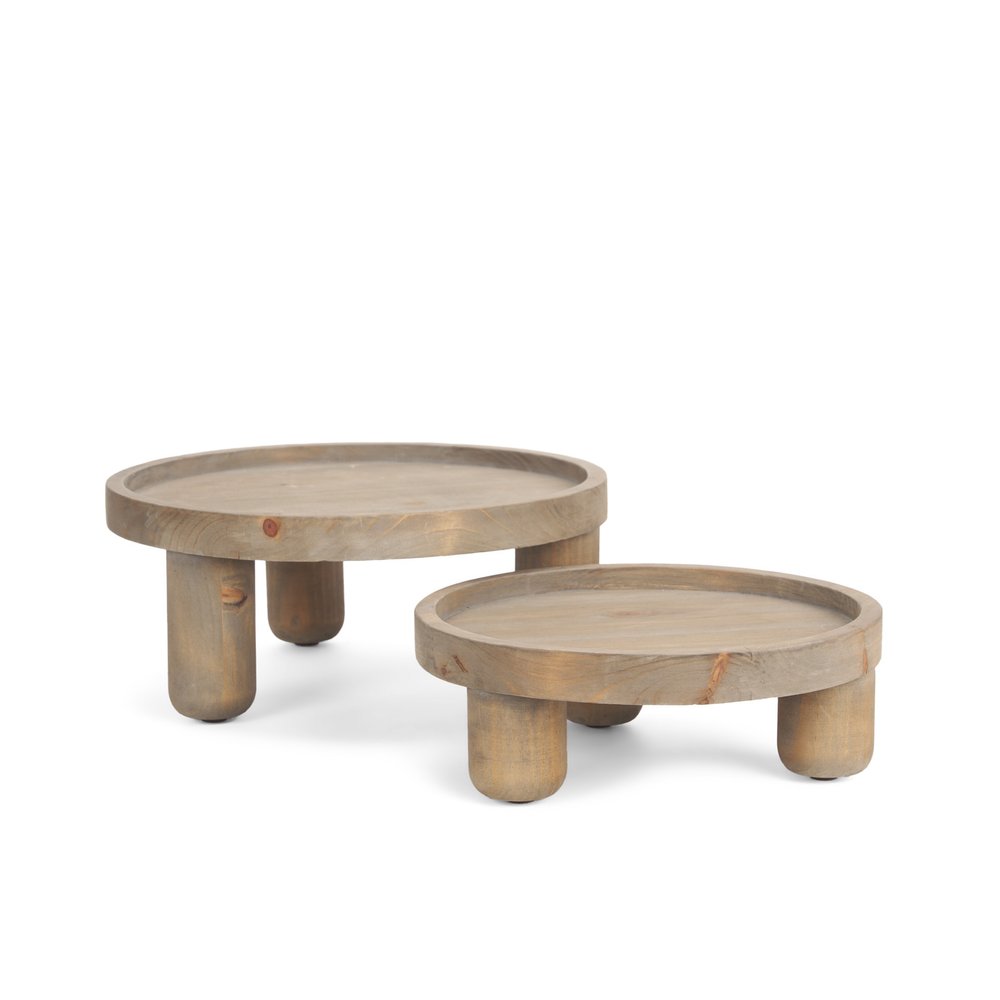 Set of Two Gray And Natural Solid Wood Handmade Round Risers