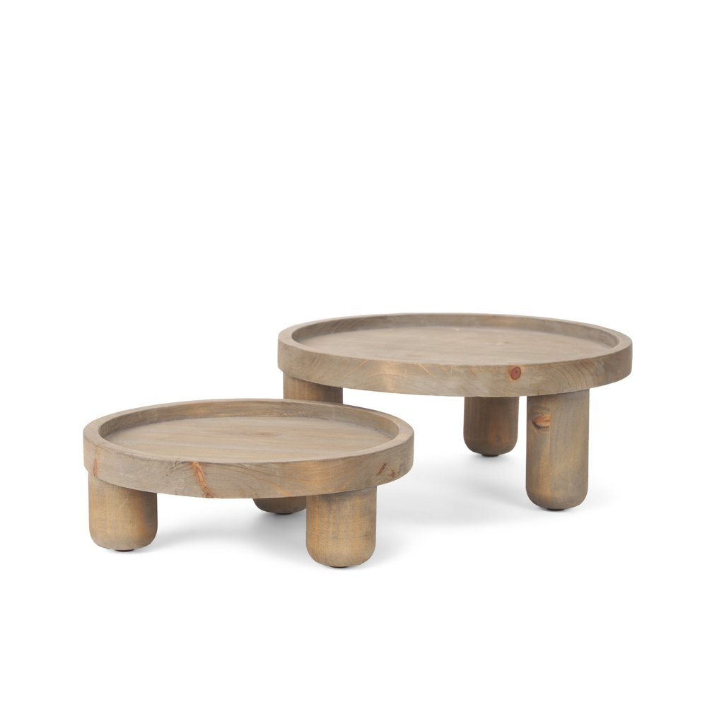 Set of Two Gray And Natural Solid Wood Handmade Round Risers on a white background