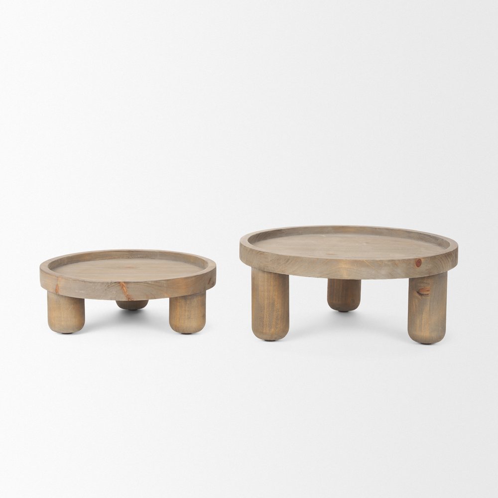 Set of Two Gray And Natural Solid Wood Handmade Round Risers