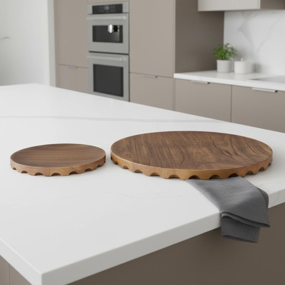 Set of Two Natural Light Brown Round Wood Handmade Serving Trays in a home interior