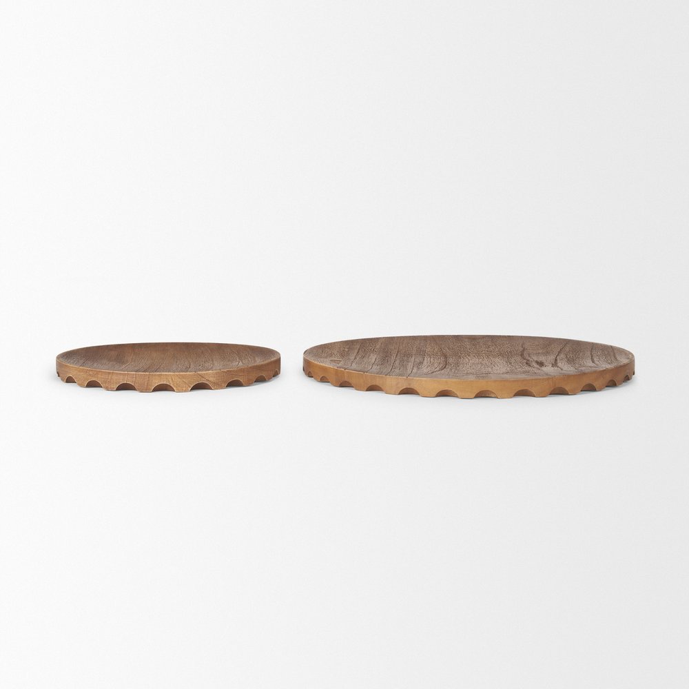 Set of Two Natural Light Brown Round Wood Handmade Serving Trays on a white background