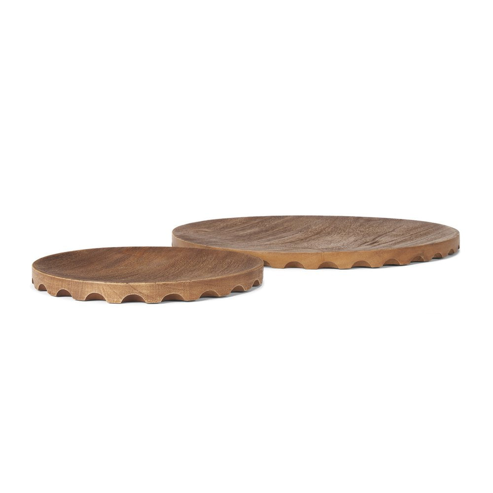 Set of Two Natural Light Brown Round Wood Handmade Serving Trays