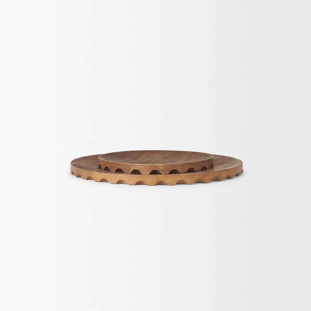 Set of Two Natural Light Brown Round Wood Handmade Serving Trays
