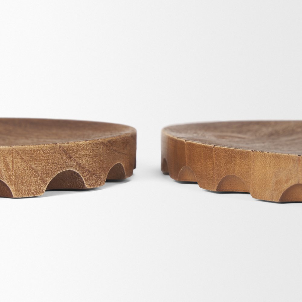 Set of Two Natural Light Brown Round Wood Handmade Serving Trays on a white background