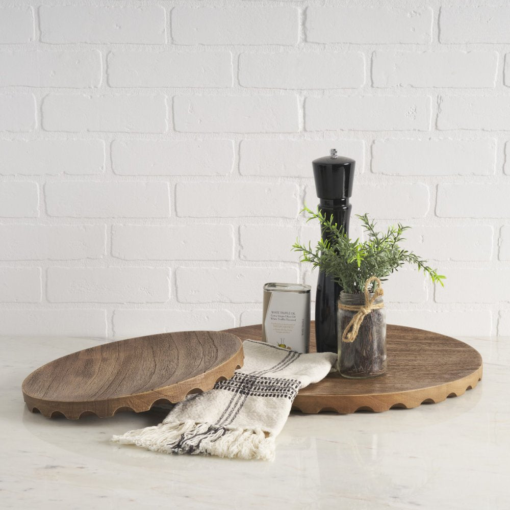 Set of Two Natural Light Brown Round Wood Handmade Serving Trays on a white background