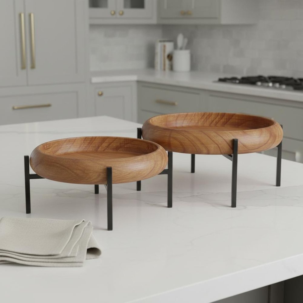 Set of Two Brown Solid Wood Handmade Round Serving Trays With Stands