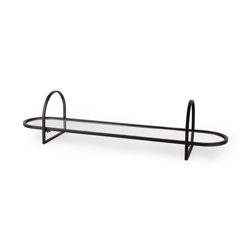 Black oval metal serving tray with glass insert and curved handles on a white background.