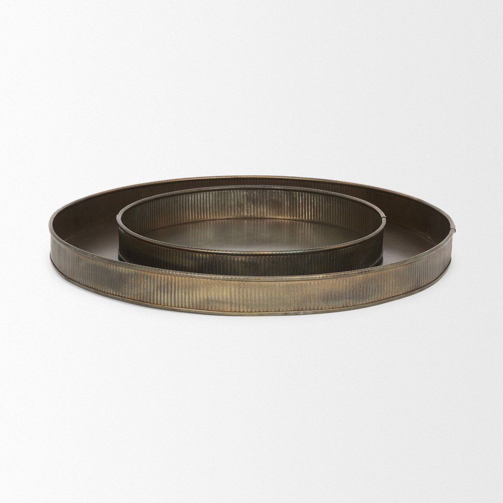 Set of Two Yellow Round Metal Handmade Serving Tray on a white background