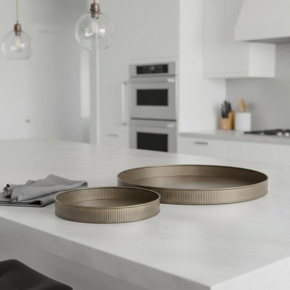 Set of Two Yellow Round Metal Handmade Serving Tray in a home interior
