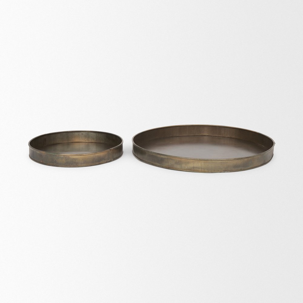 Set of Two Yellow Round Metal Handmade Serving Tray on a white background