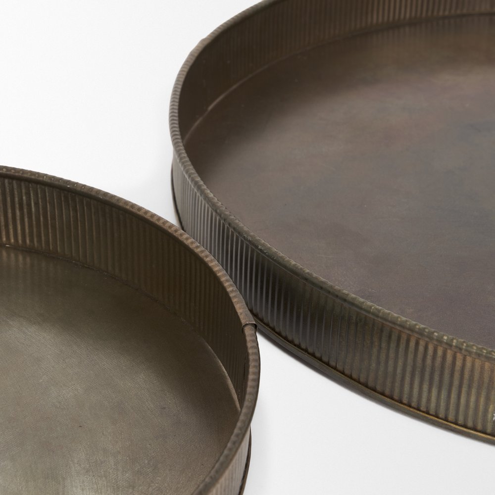 Set of Two Yellow Round Metal Handmade Serving Tray