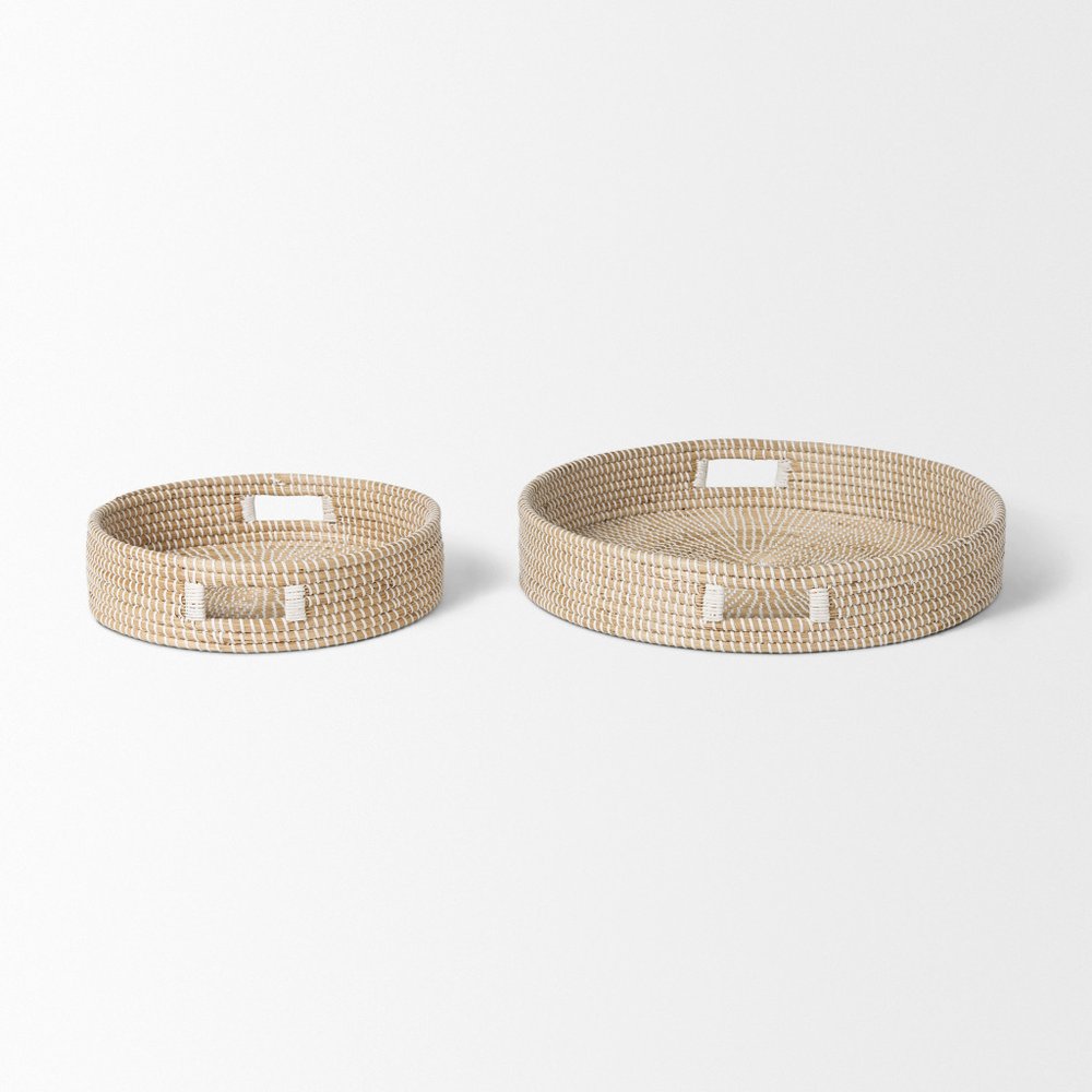 Set of Two Brown Round Wood Handmade Serving Tray With Handles on a white background