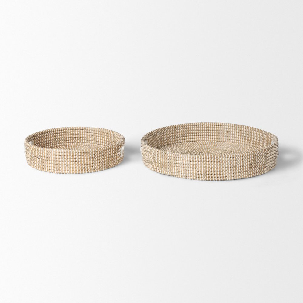 Set of Two Brown Round Wood Handmade Serving Tray With Handles on a white background