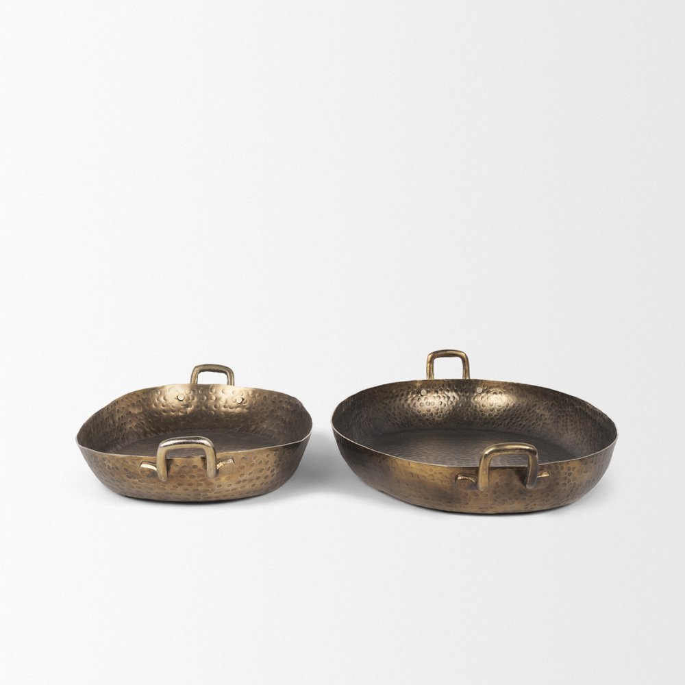 Set of Two Gold Oval Metal Handmade Serving Tray With Handles on a white background