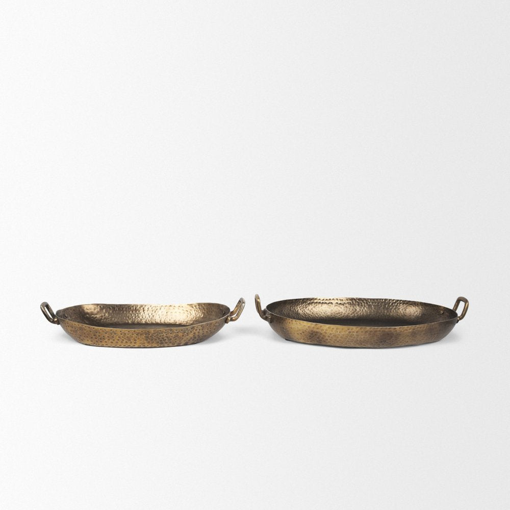 Set of Two Gold Oval Metal Handmade Serving Tray With Handles on a white background