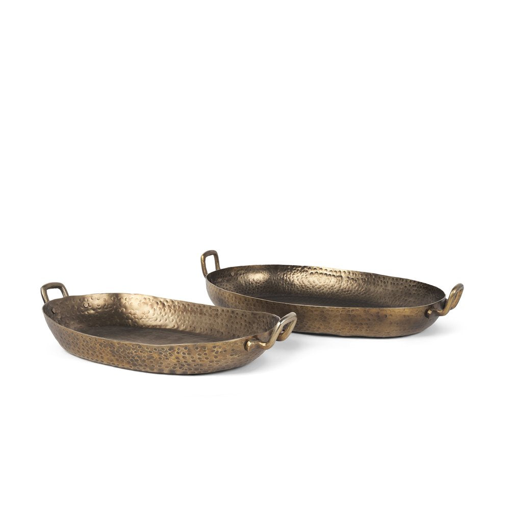 Set of Two Gold Oval Metal Handmade Serving Tray With Handles on a white background