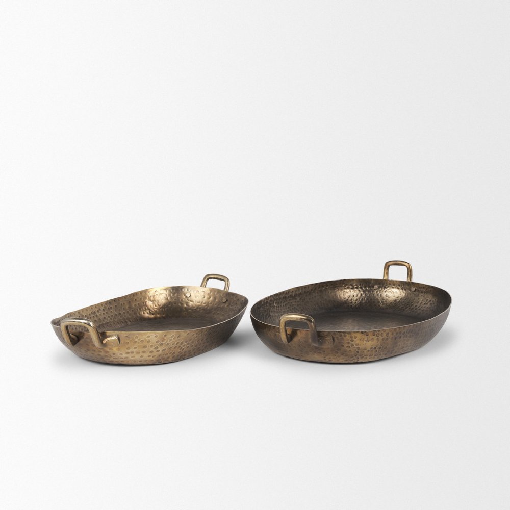 Set of Two Gold Oval Metal Handmade Serving Tray With Handles on a white background