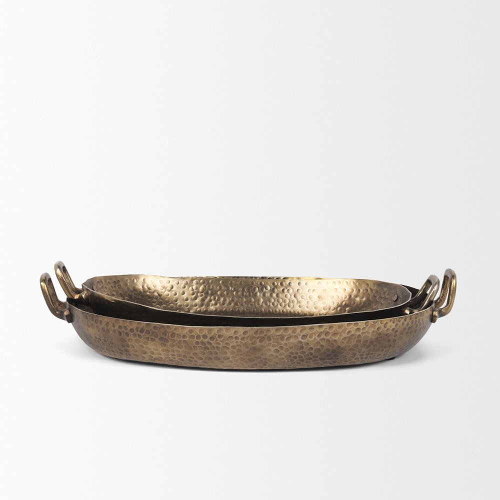 Set of Two Gold Oval Metal Handmade Serving Tray With Handles on a white background