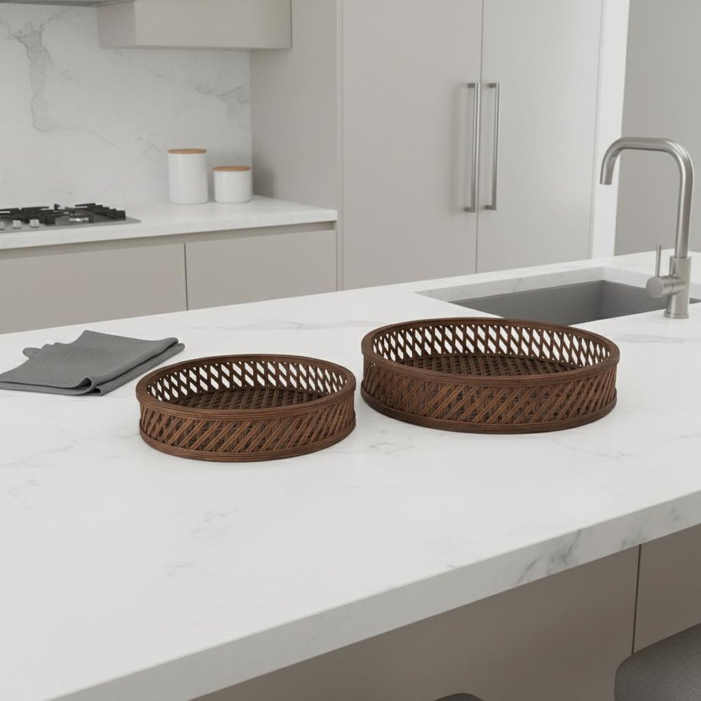 Set of Two Brown Round Wicker Handmade Serving Tray in a home interior