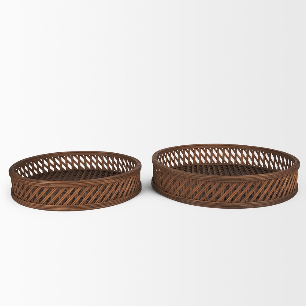 Set of Two Brown Round Wicker Handmade Serving Tray on a white background