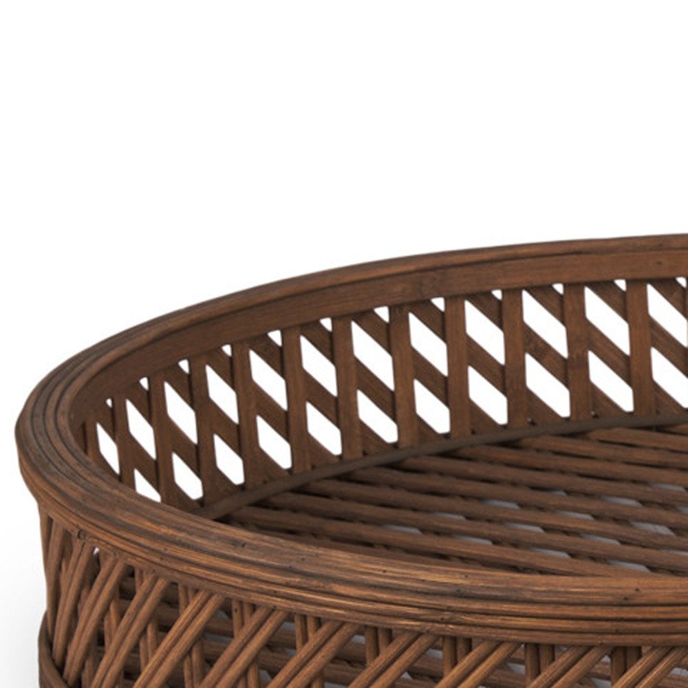 Close-up of a brown wicker serving tray with a lattice pattern on a white background.