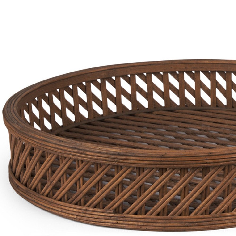 Set of Two Brown Round Wicker Handmade Serving Tray on a white background