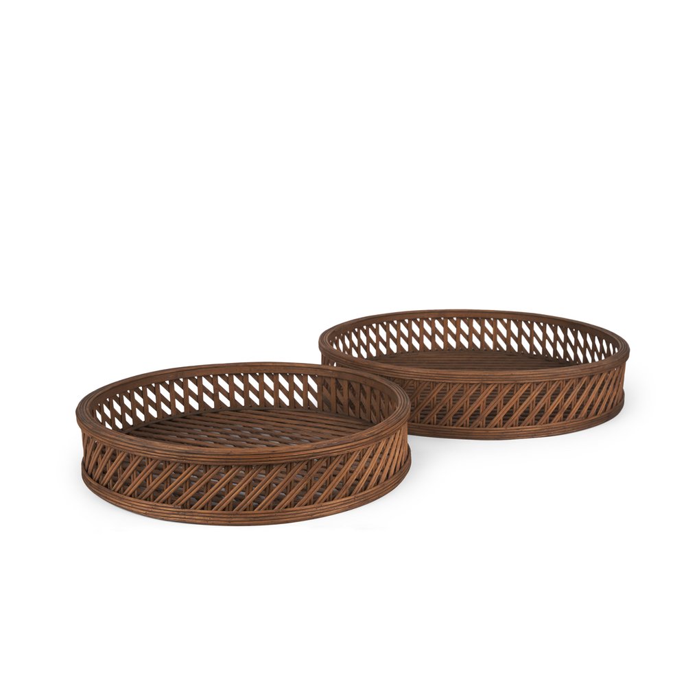Set of Two Brown Round Wicker Handmade Serving Tray
