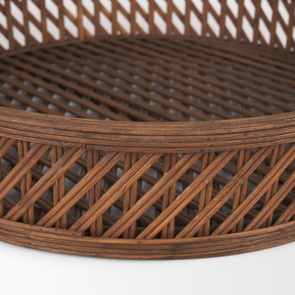 Set of Two Brown Round Wicker Handmade Serving Tray close-up detail